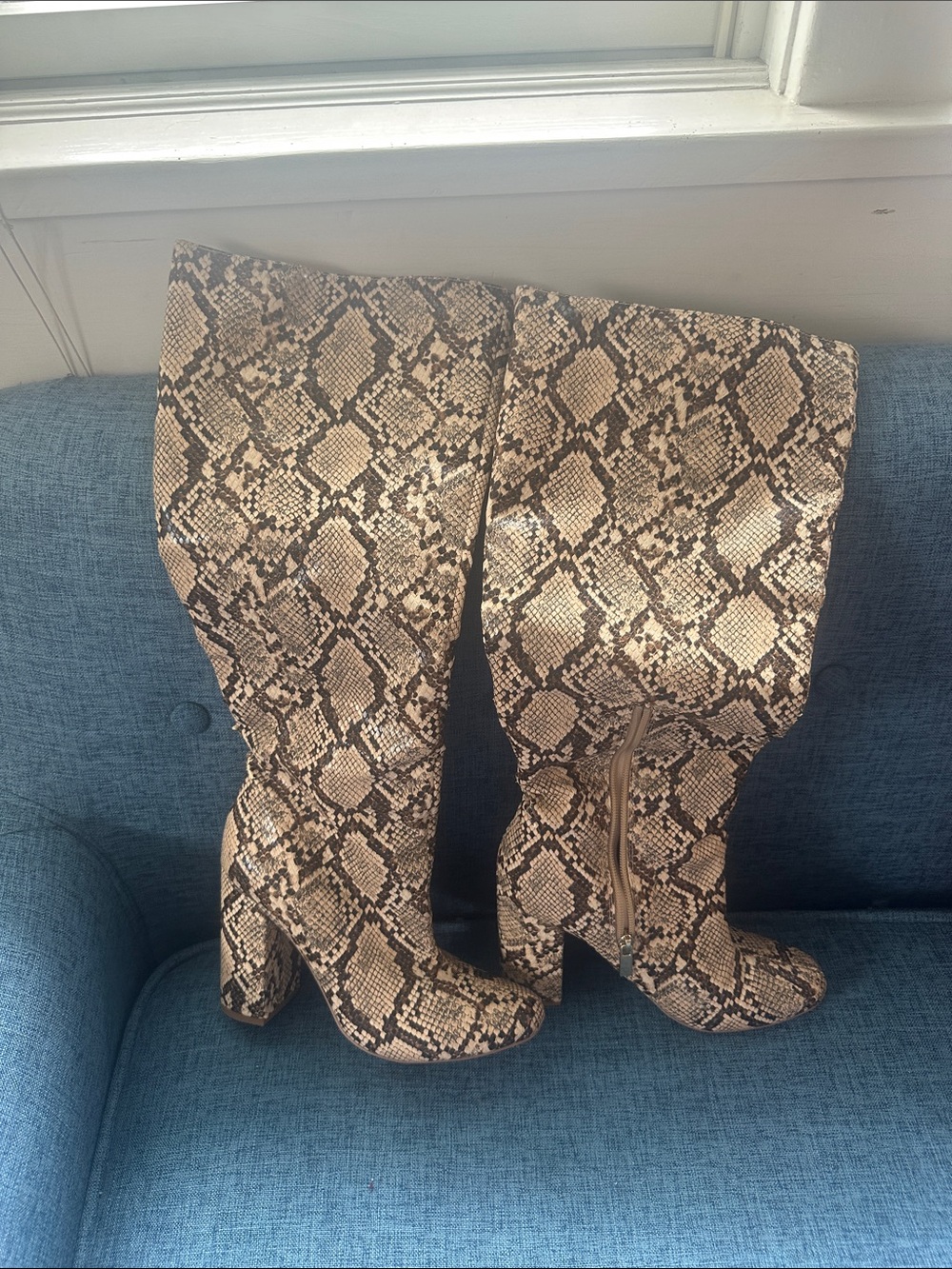 Shoe Dazzle Snake-Print Over-the-Knee Boots in Brown